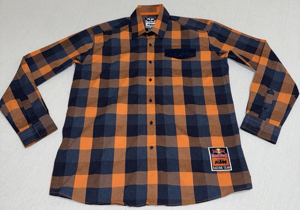 Red Bull KTM Red Bull Men Flannel Plaid Button-Up Shirt Orange Blue X-Large New